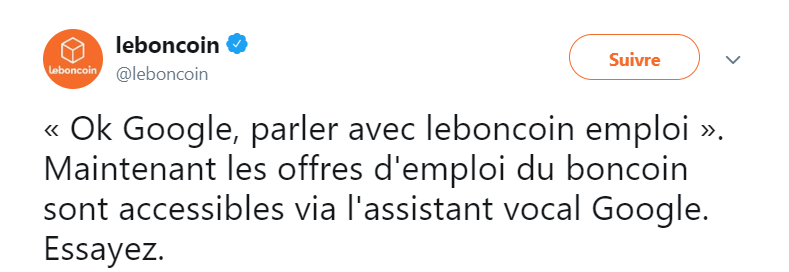 LeBonCoin annonce sa coopération avec Google Home sur Twitter concernant leur nouvel assistant personnel