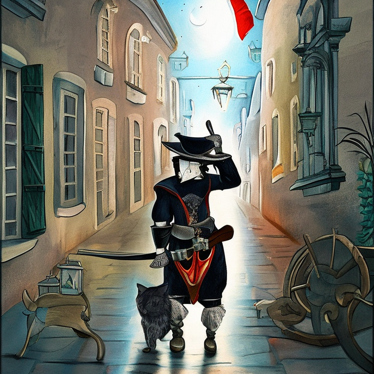 Un personnage anthropomorphe vêtu en mousquetaire, habillé d'un uniforme noir orné de détails rouges et dorés, se tient au centre d'une ruelle pavée au style historique, baignée par une lumière lunaire douce. Il ajuste son large chapeau à plume d'une main tandis qu'une épée repose à sa taille. Un chat noir l'accompagne, marchant à ses côtés. La scène évoque une ambiance de conte ou d'illustration fantastique, avec des bâtiments anciens aux volets verts et aux lanternes suspendues. Des objets brisés, dont une roue en bois et un meuble renversé, suggèrent un récent tumulte.