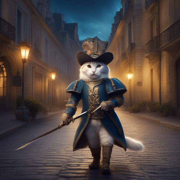 Un chat blanc majestueux, aux yeux perçants, est habillé en mousquetaire avec un élégant costume bleu orné de dorures, des gants en cuir et un chapeau tricorne avec une plume. Il tient une épée fine à la main, prêt à dégainer, tandis qu'il marche avec assurance dans une rue pavée d'une ville historique, éclairée par des lampadaires à la lumière chaude. L'ambiance est nocturne et légèrement brumeuse, donnant une atmosphère de conte ou d'aventure héroïque.